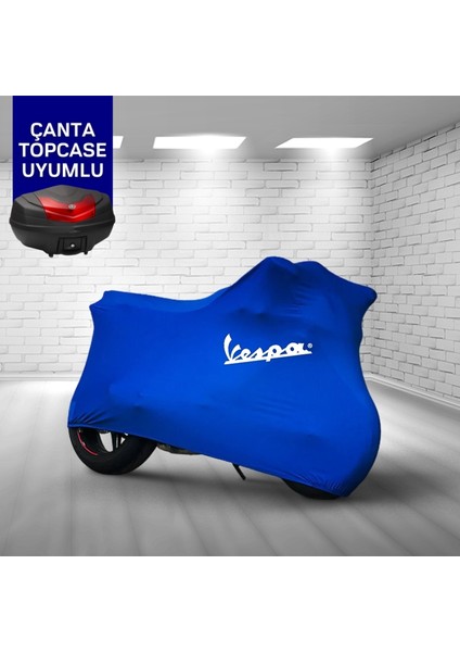 Ultra Shop Vespa Px 150 Motosiklet Branda Topcase Çanta Uyum Logolu Kumaş Penye Mavi Motor Branda