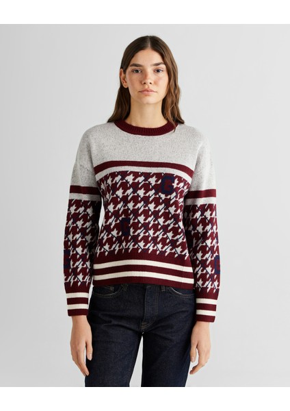 Kadın Bordo Relaxed Fit Bisiklet Yaka Logolu Kazak 4805274.604