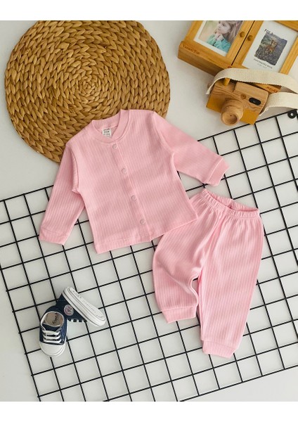 Neşeli Bebekler Çizgili Kumaş Önden Çıtçıtlı Pijama Takımı Pembe