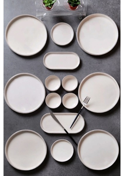 14 Parça 6 Kişilik Krem Renkli Stackable Kahvaltı Takımı - Kahvaltılık
