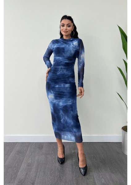 Tül Kumaş Drape Detaylı Kalem Elbise - Mavi