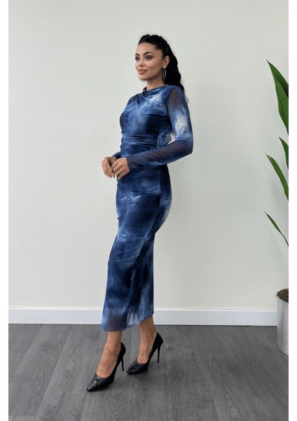 Tül Kumaş Drape Detaylı Kalem Elbise - Mavi