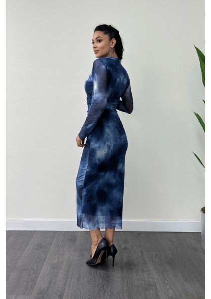 Tül Kumaş Drape Detaylı Kalem Elbise - Mavi
