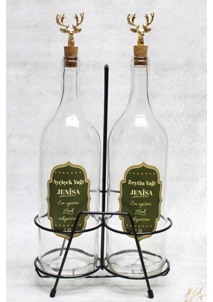 2 Adet Bej Renkli Cam Yağlık ve Yağdanlık, 1,5L, Tıpalı, Standlı, Şeffaf