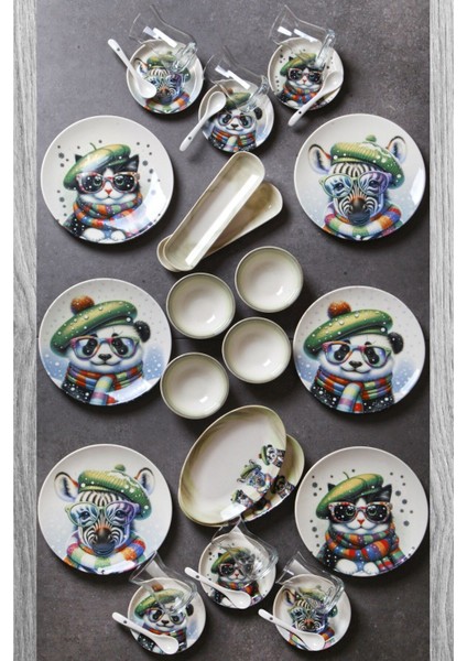 32 Parça 6 Kişilik Ice Age Porselen Yemek Takımı Bone China - Kahvaltı Takımı