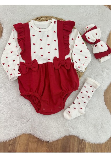 Kalpli Kız Bebek Çoraplı Bandanalı Romper Set 3-6/6-9/9-12 Ay