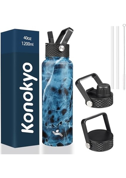 Yalıtımlı Su Şişesi 18 Oz Paslanmaz Çelik Su Şişesi 3 Kapaklı Spor Şişe Mermer Okyanus (Yurt Dışından)