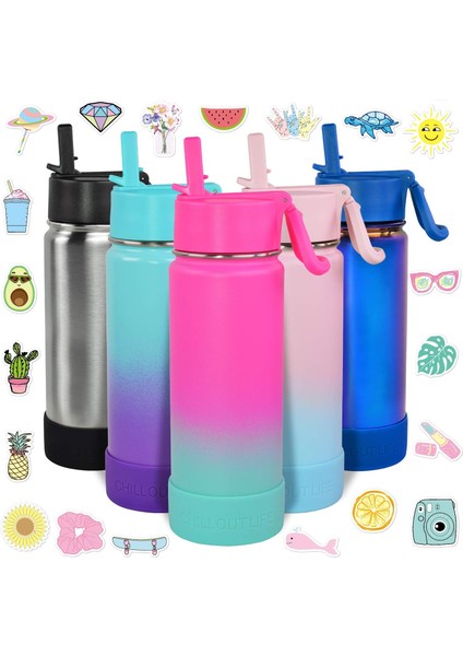 ，，17 Oz Çocuklar Yalıtımlı Su Şişesi Saman Kapaklı Sızdırmaz Sevimli Su Geçirmez Etiket Kızlar ve Erkekler Için Paslanmaz Çelik Termos Metal Su Şişesi. (Yurt Dışından) fiyatları