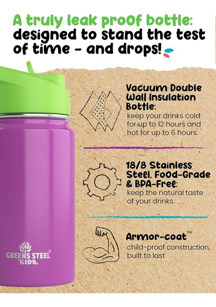 Çocuk Su Şişesi 12 Oz | Pipetli ve Saplı Sızdırmaz 24 Saat Soğuk Yalıtım Çift Duvar Paslanmaz Çelik Kolay Yudumlanan Bebek Kupası Çocuklar Düz Şişe Çevre Dostu (Yurt Dışından) fiyatları