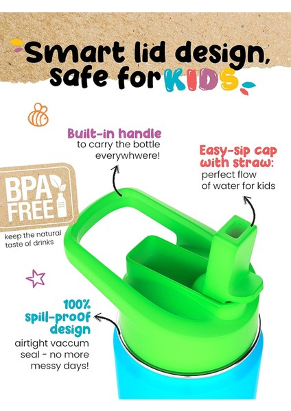 Çocuk Su Şişesi 12 Oz | Pipetli ve Saplı Sızdırmaz 24 Saat Soğuk Yalıtım Çift Duvar Paslanmaz Çelik Kolay Yudumlanan Bebek Kupası Çocuklar Düz Şişe Çevre Dostu (Yurt Dışından) modelleri