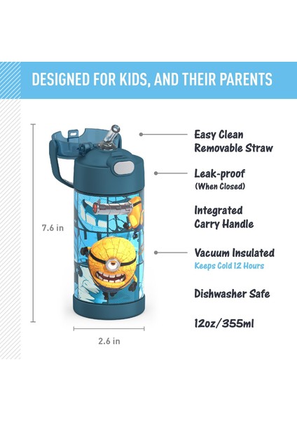 ，，pipetli Su Şişesi - 12 Oz Despicable Me 4 Çocuk Paslanmaz Çelik Vakum Yalıtımlı Kapaklı Su Şişesi (Yurt Dışından) modelleri