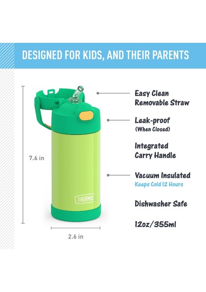 Pipetli Su Şişesi - 12 Oz Limon Yeşili/turuncu - Çocuklar Için Paslanmaz Çelik Vakum Yalıtımlı Kapaklı Su Şişesi (Yurt Dışından) modelleri