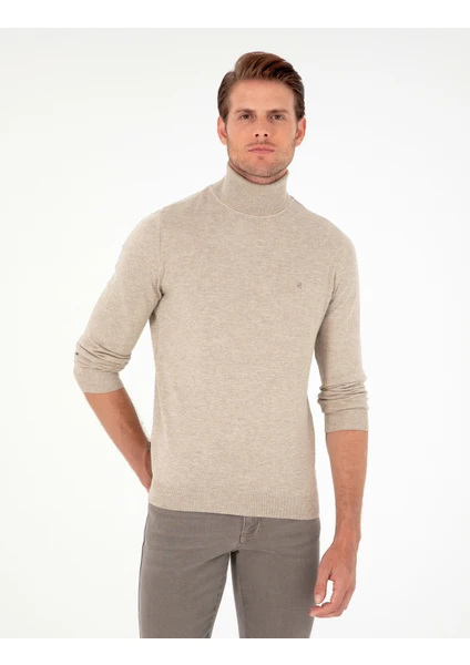 Pierre Cardin Erkek Kum Melanj Slim Fit Balıkçı Yaka Basic Triko Kazak 50296602-VR123