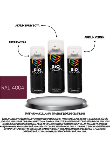 Akrilik Sprey Boya Seti 400 ml Bordo Mor RAL-4004- Zımpara - Kağıt Bant - Eldiven