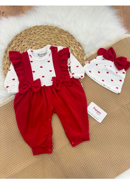 Kalpli Fiyonklu Kız Bebek Tulum Bere Set 0-3/3-6/6-9 Ay