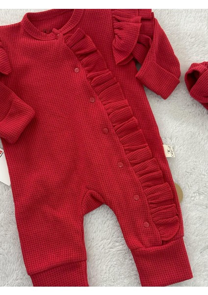 Waffle Kumaş Kendinden Eldivenli Orkide Kız Bebek Bandana Tulum Set 0-3/3-6/6-9 Ay fiyatları