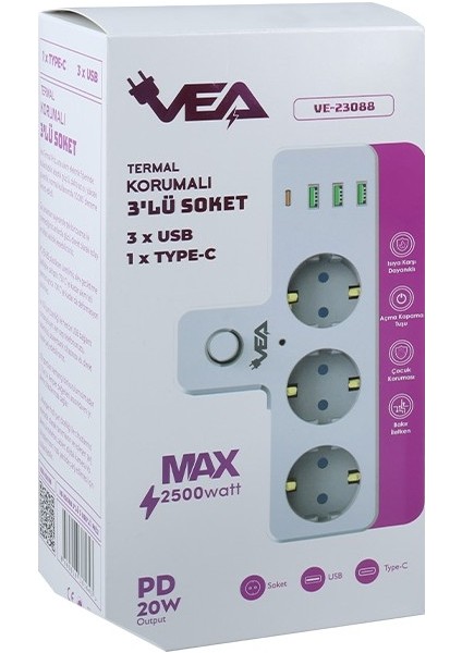 Monte Lua Anahtarlı Topraklı Priz Adaptörü, 3 Soketli 3xusb 2.4A, 1xtype-C 20 Watt, Akım Korumalı Priz, 10 A, 2500 W, Duvar Fişi, USB Fişi, USB C Bağlantı Noktalı, Hızlı Şarj,