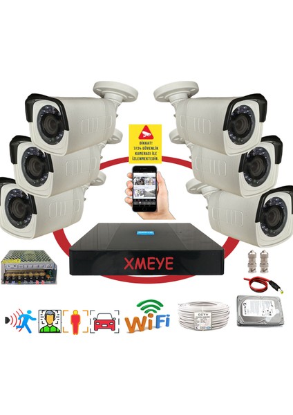 6'lı Yapay Zeka Destekli Araç Yüz ve İnsan Tanımalı Hareket Algılayan 5 Mp Lens 24 Süper Nano LED Güvenlik Kamera Seti 5620