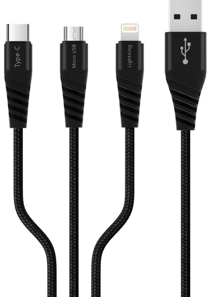 PBS412 Type-C Micro USB Lightning Çıkışlı 3 In 1 Şarj Kablosu 1.2 Metre Siyah