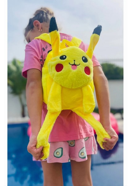 Kulakları Hareket Eden LED Işıklı Pokemon Pikachu - Kulaklı Peluş Oyuncak Çanta & Uyku Arkadaşı