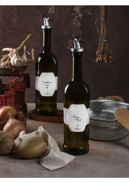 Ahşap Stantlı 2'li 750 ml Zeytinyağı ve Sıvıyağ Yağdanlık Seti, Yeşil Renk