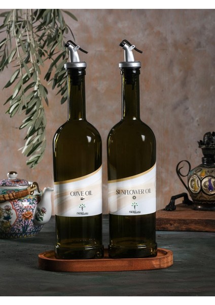 Ahşap standlı 2'li 750 ml yağlık seti, yeşil renk, şık ve kullanışlı tasarım