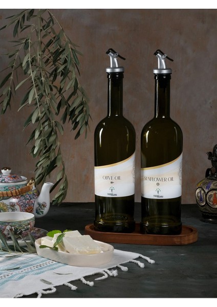 Ahşap standlı 2'li 750 ml yağlık seti, yeşil renk, şık ve kullanışlı tasarım fiyatları