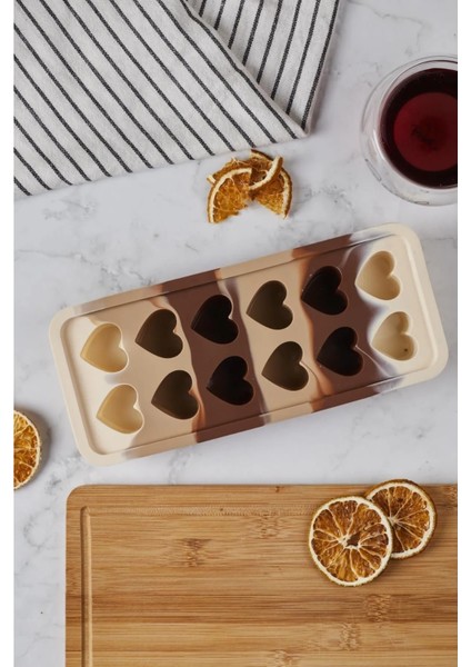 12LI Buz ve Çikolata Kalıbı Silikon Kalp Desenli