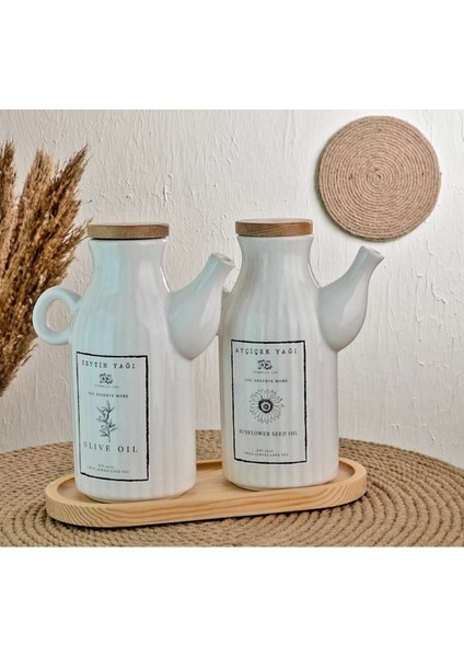 3'lü Porselen Yağdanlık ve Bambu Stand Altlık Seti, Beyaz, 1 L