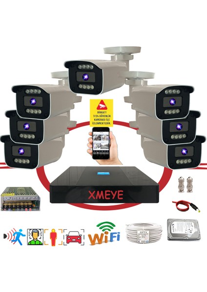 7'li Yapay Zeka Destekli Araç Yüz ve İnsan Tanımalı Hareket Algılayan 5 Mp Lens 8 Warm LED Gece Renkli Gösteren Güvenlik Kamera Seti 908W
