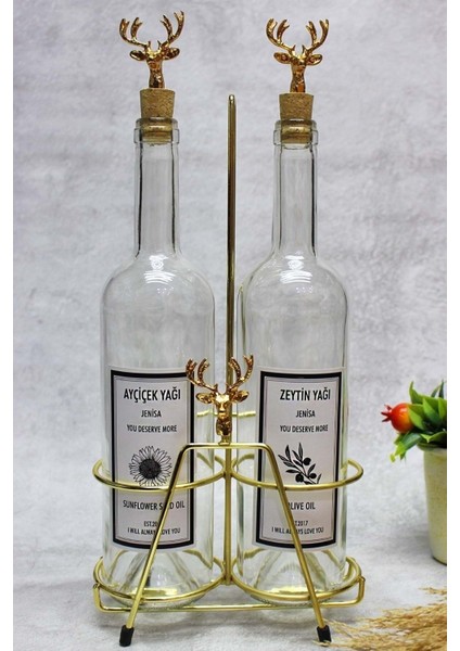 Altın Renkli Geyik Aksesuarlı Yağlık, 750-999 ml, Şık ve Şeffaf Tasarım