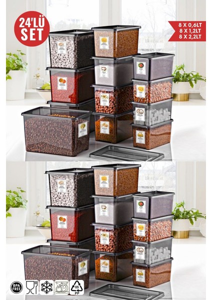 Etiketli 24'lü Jolly Saklama Kabı Seti 8x0,6lt-8x1,2lt-8x2,2lt - Antrasit
