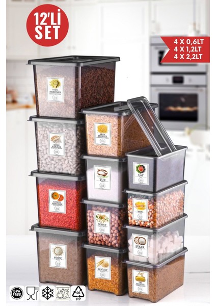 Etiketli 12'li Jolly Saklama Kabı Seti 4x0,6lt-4x1,2lt-4x2,2lt - Antrasit