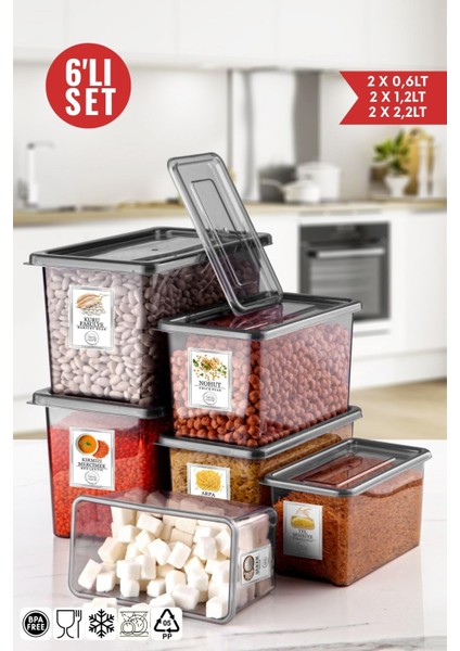 Etiketli 6'lı Jolly Saklama Kabı Seti 2x0,6lt-2x1,2lt-2x2,2lt- Antrasit