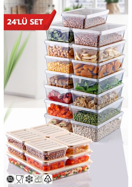 24'lü Set Freshbox ve Kendinden Kapaklı Saklama Kabı Seti Krem