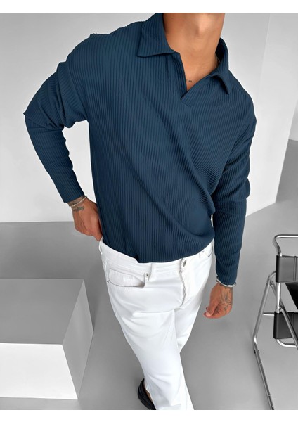 Erkek Rahat Kalıp Fitilli Polo V Yaka Uzun Kollu Sweatshirt Petrol Mavi