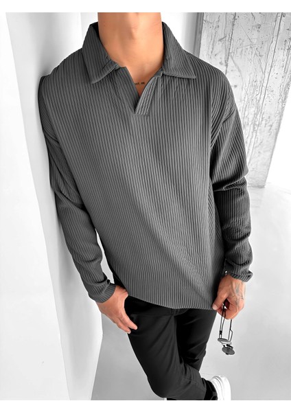 Erkek Rahat Kalıp Fitilli Polo V Yaka Uzun Kollu Sweatshirt Füme