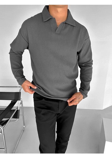 Erkek Rahat Kalıp Fitilli Polo V Yaka Uzun Kollu Sweatshirt Füme