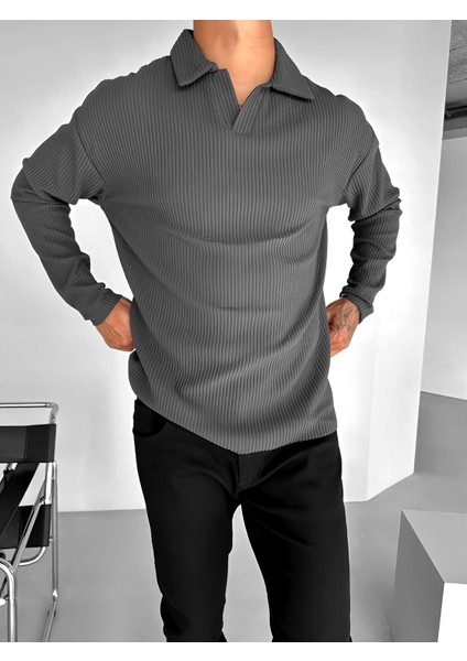 Erkek Rahat Kalıp Fitilli Polo V Yaka Uzun Kollu Sweatshirt Füme