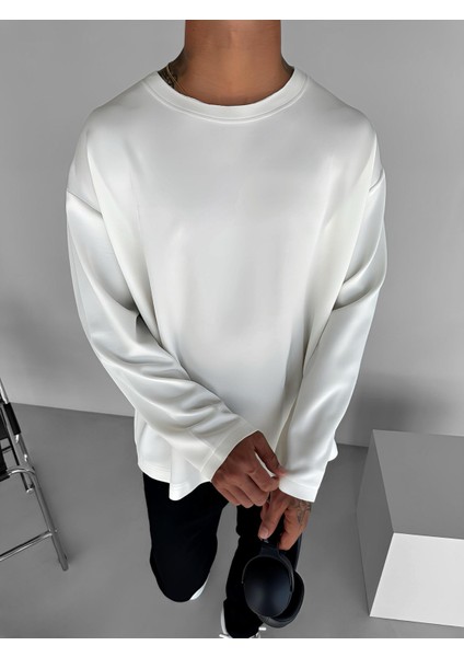 Erkek Oversize Basic Uzun Kollu Sweatshirt Ekru