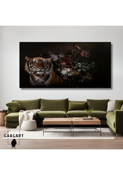 Panoramik Kanvas Duvar Tablosu Kaplan ve Koyu Renk Çiçekler