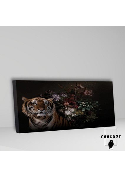 Panoramik Kanvas Duvar Tablosu Kaplan ve Koyu Renk Çiçekler fiyatları