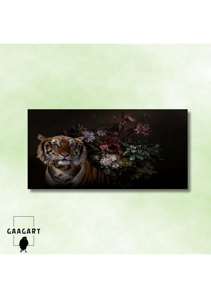 Panoramik Kanvas Duvar Tablosu Kaplan ve Koyu Renk Çiçekler modelleri