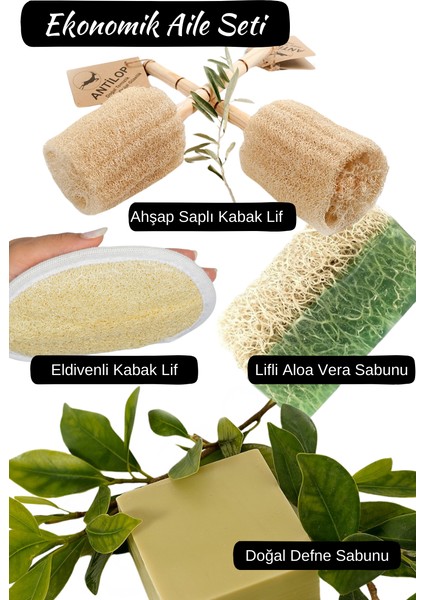 Ekonomik Aile Bakım Seti, Ahşap Saplı Kabak Lif, Eldivenli Lif, Aloa Vera Sabunu, Defne Sabunu