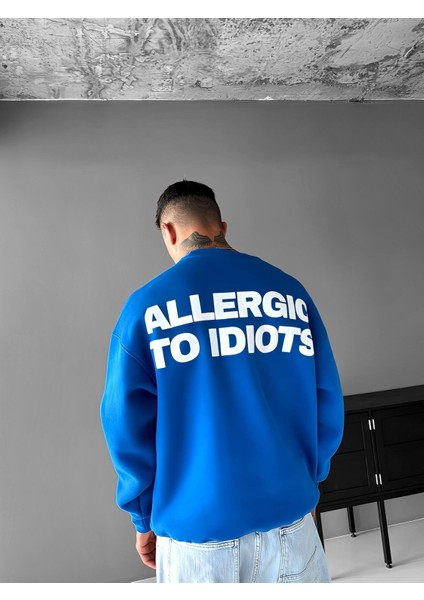 Erkek Oversize Baskılı Yuvarlak Yakalı Uzun Kollu Sweatshirt Mavi