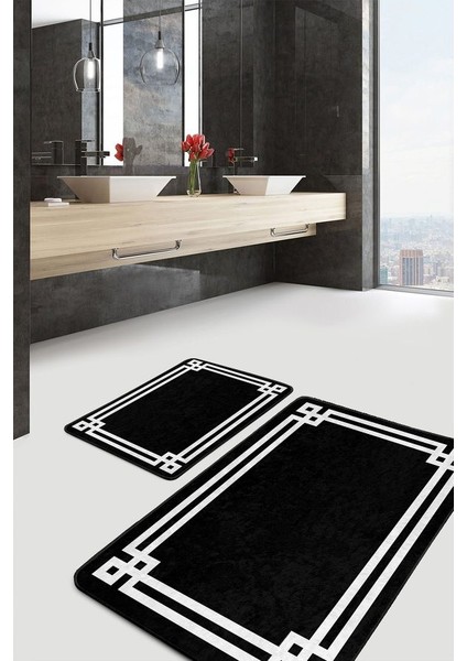 Siyah Doğal Pamuklu 2'li Banyo&mutfak Paspas Seti 60 x 100 50 x 60 cm