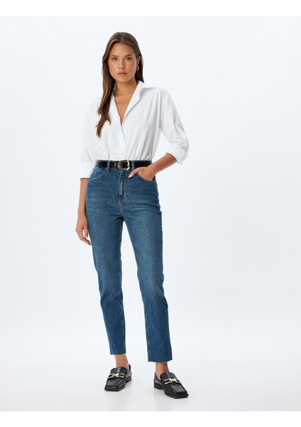 Mom Fit Kot Pantolon Yüksek Bel Dar Kalıp Düğmeli Cepli Pamuklu - Mom Fit Jeans fiyatları