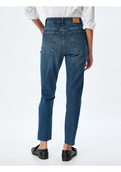 Mom Fit Kot Pantolon Yüksek Bel Dar Kalıp Düğmeli Cepli Pamuklu - Mom Fit Jeans fırsatları
