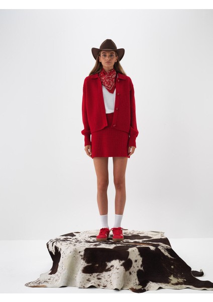 Kadın Kırmızı Doğal Yün Dokulu Oversize Ceket