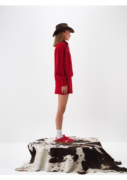 Kadın Kırmızı Doğal Yün Dokulu Oversize Ceket modelleri